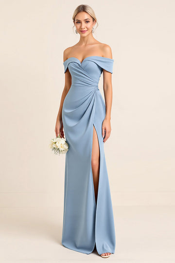 Matt Satäng Off The Shoulder Dusty Blue Rynkad Slida Brudtärna Klänning med slits